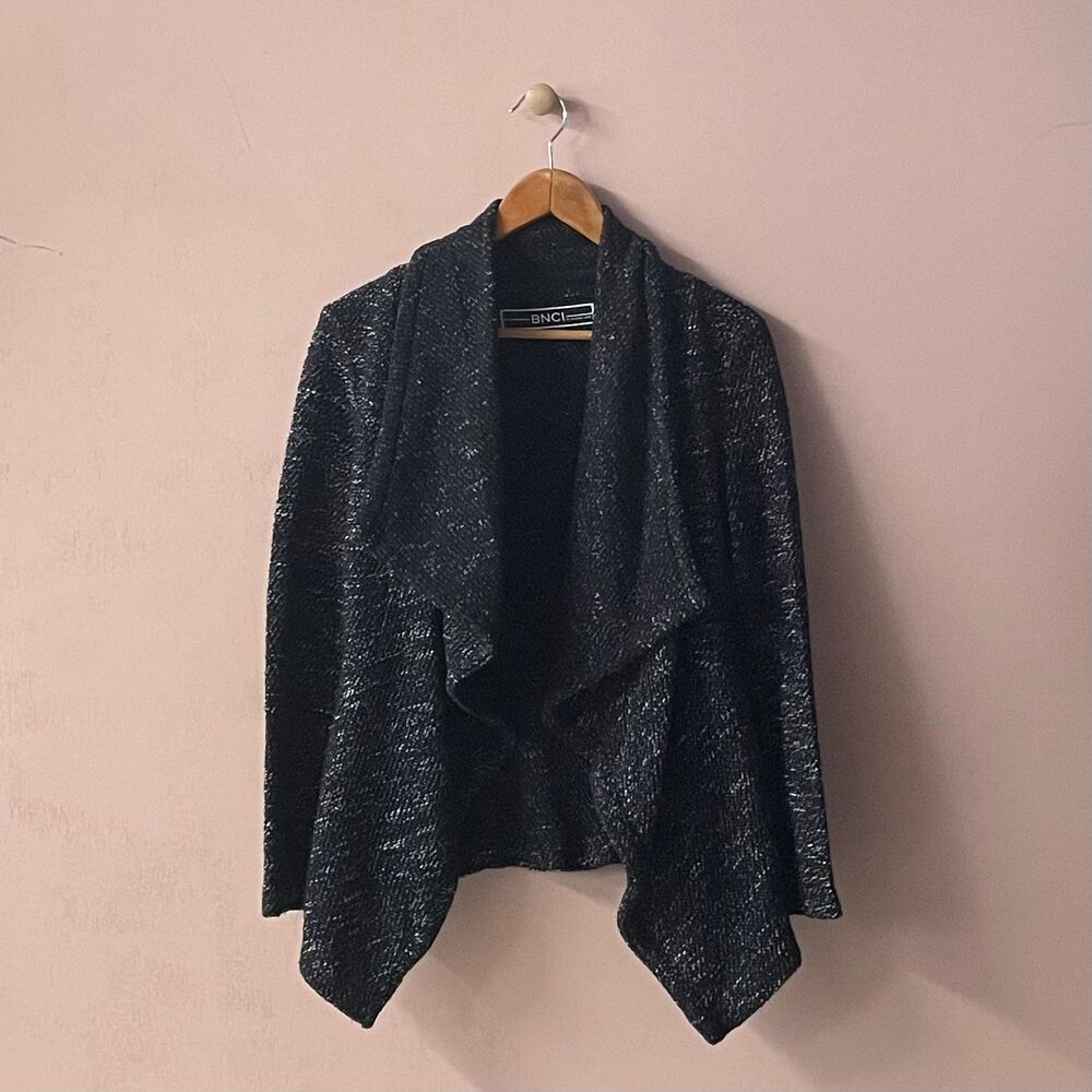 BNCI Black & White Marled Open-Front Knit Cardigan Size S GUC